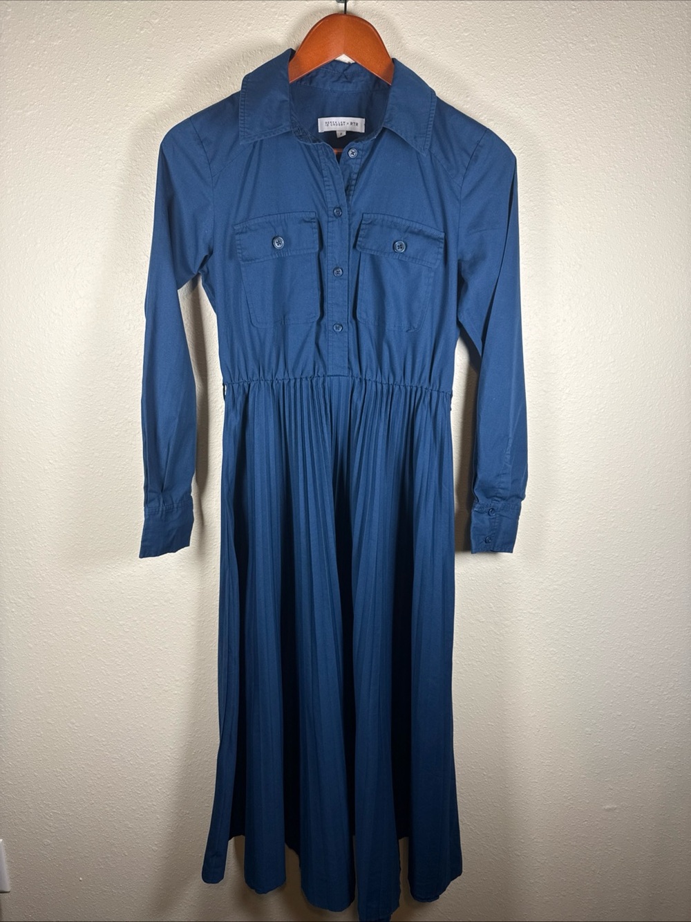 10 Crosby Derek Lam Teal Shirt Dress Blue Pleated Midi Long Sleeve Womens Size 2